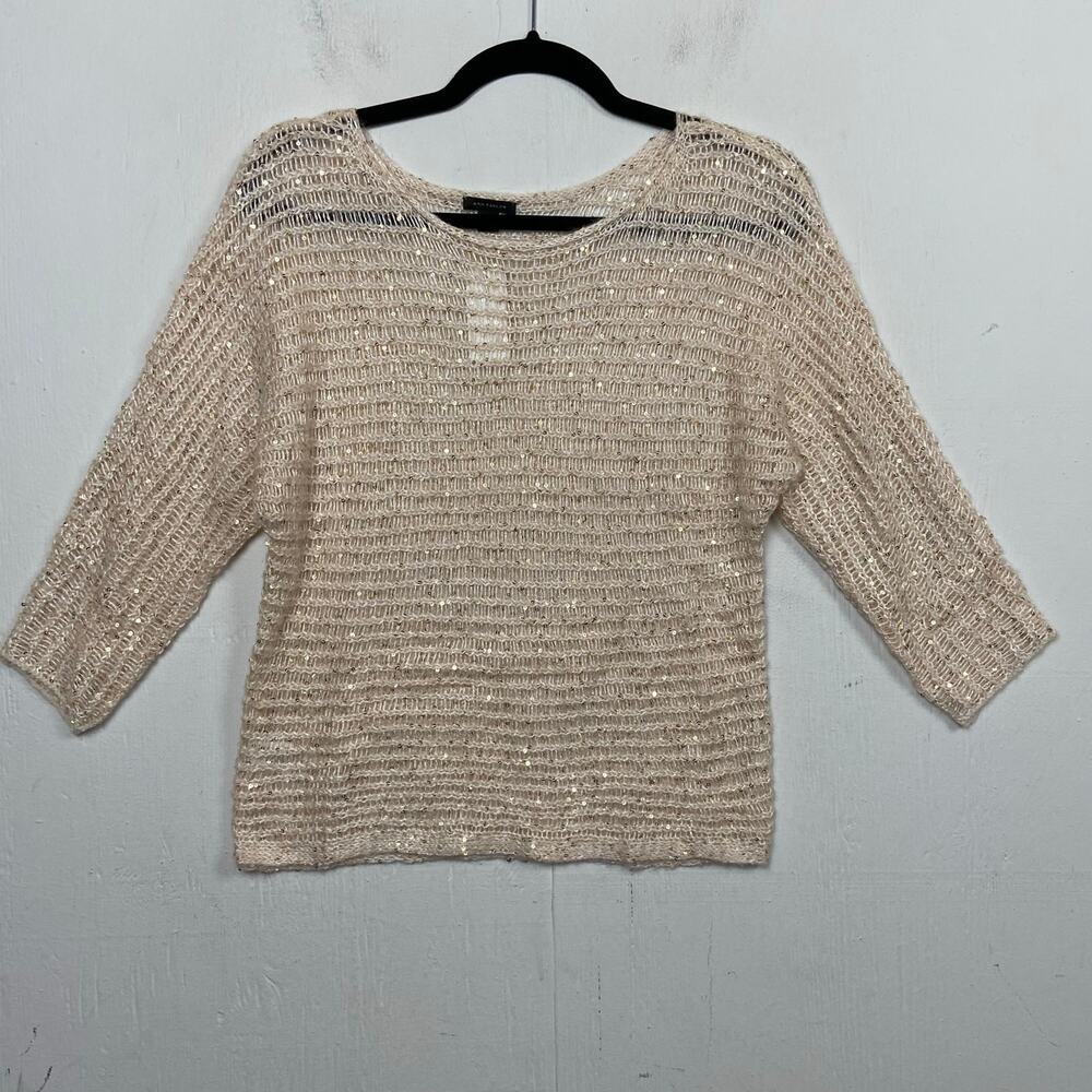 Ann Taylor Beige Sparkle Open Weave Pullover Lightweight Sweater Size XXS NWT